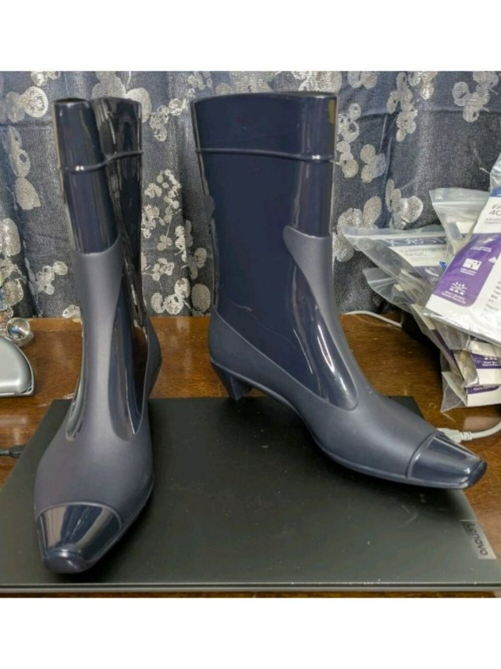 Jeffrey Campbell Drench Kitten Heel Cap Toe Waterproof Rain Boots Navy Blue Sz 8